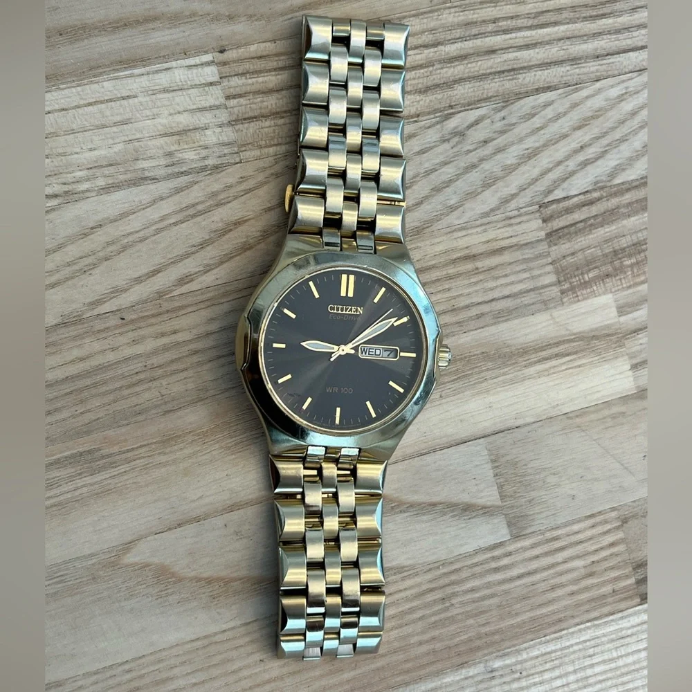 Citizen Eco-Drive Men’s Watch Dark Gray Dial Day Date Window Gold-Tone Bracelet